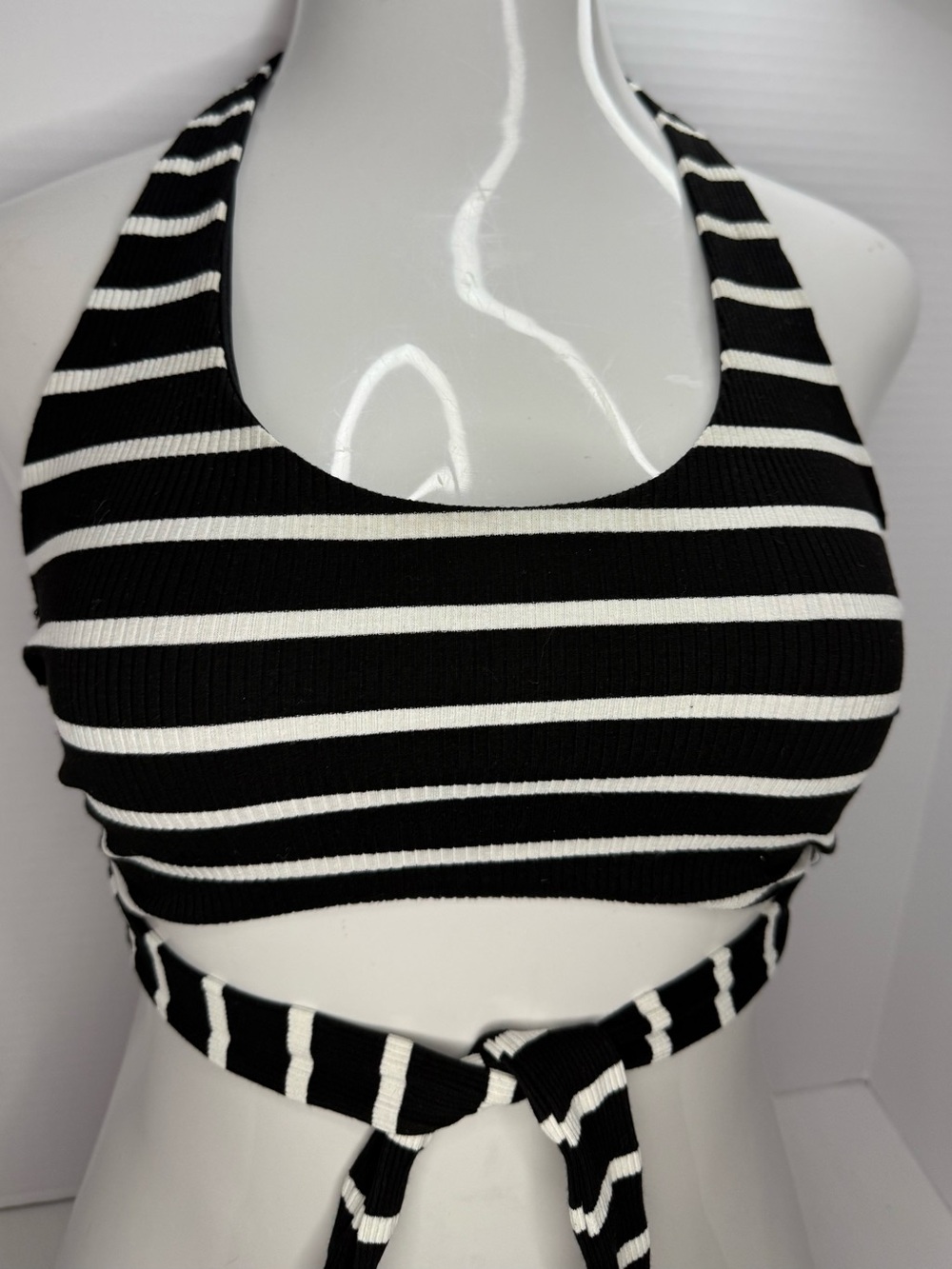 Striped Black & White Ribbed Halter Tie-Back Crop Top